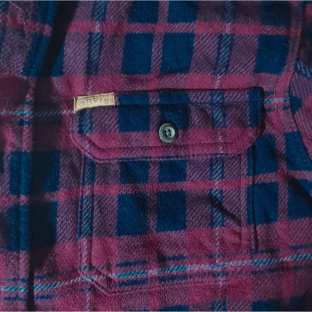 New ORVIS Thick Burgundy + Blue Premium Plaid Flannel Over Shirt - Picture 12 of 15